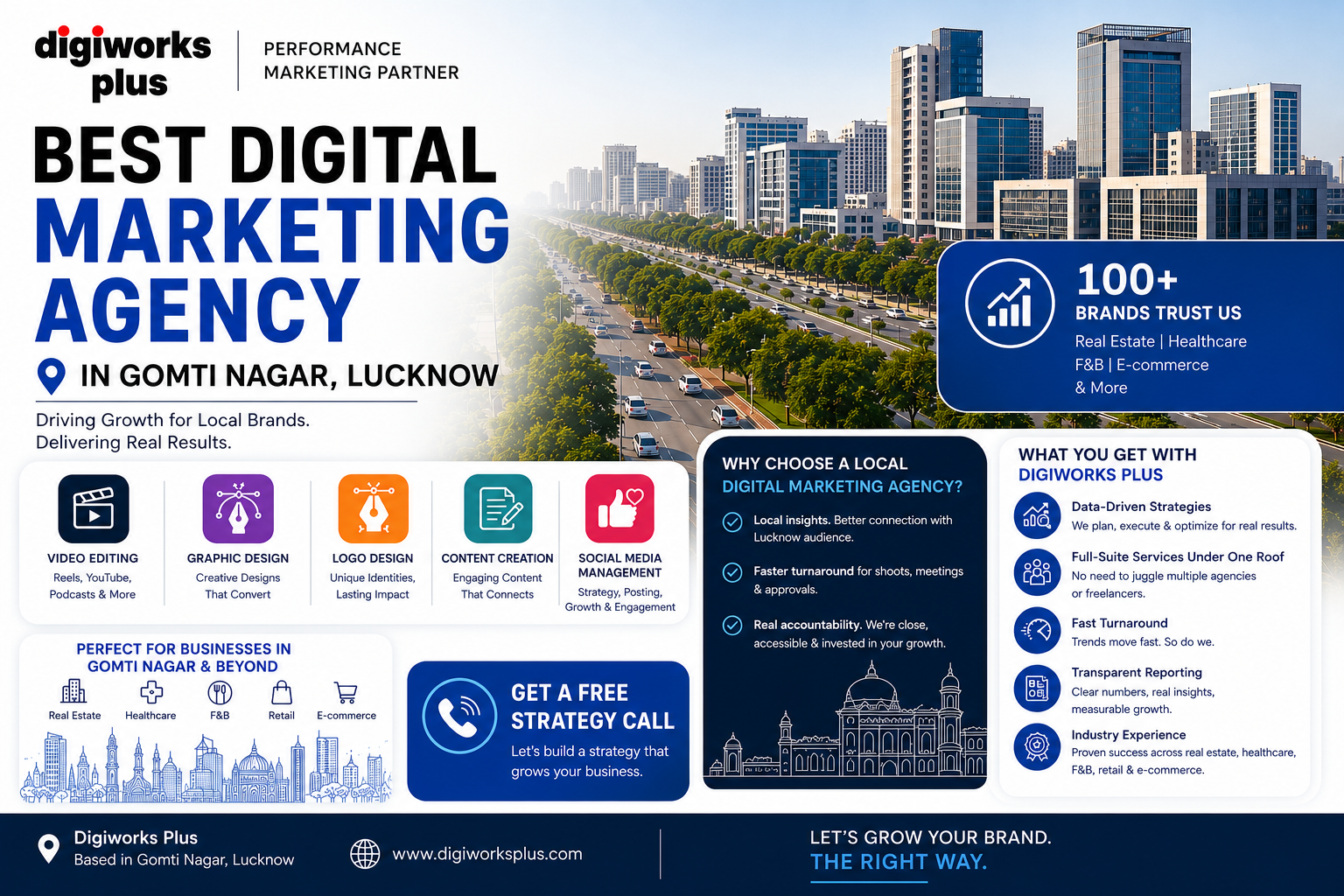 Best Digital Marketing Agency in Gomti Nagar, Lucknow by Digiworks Plus offering SEO, PPC, social media marketing, video editing, graphic design, logo design, content creation, and performance marketing services for local businesses in 2026.